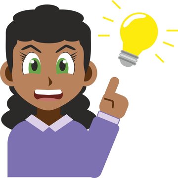 recommend clip art: Manga style illustration of a smiling and creative black young woman isolated on white background. Concept of ideas brainstorming and creativity
