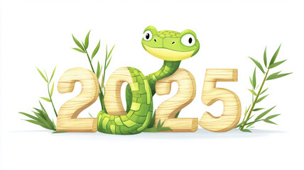 Fototapeta premium A cheerful green snake curls around the wooden numbers representing 2025, symbolizing the upcoming Chinese New Year.
