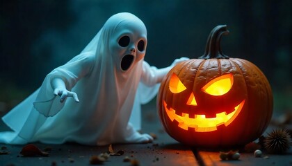 Classic Halloween Scene, white ghost figure floating next to a carved jack-o'-lantern pumpkin, spooky, horror, Halloween celebration, holiday season, created with generative ai