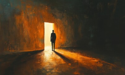 Fototapeta premium Man in darkness enters doorway to light.