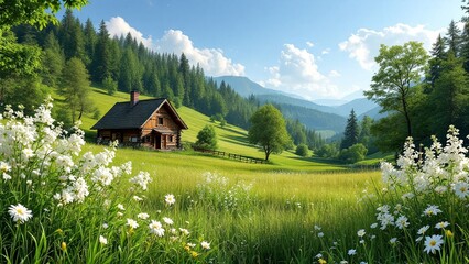 Fototapeta premium Rustic cabin in a scenic mountain meadow with wildflowers and forested landscape