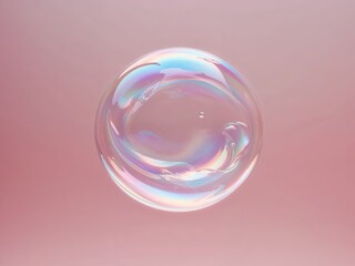 translucent iridescent soap bubble on soft pink gradient background.