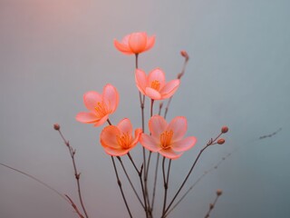 neon pastel orange flowers with a luminous glow on a cool background.