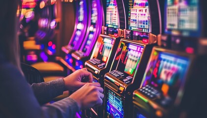Close-up of a person engaged in playing a slot machine at a vibrant casino