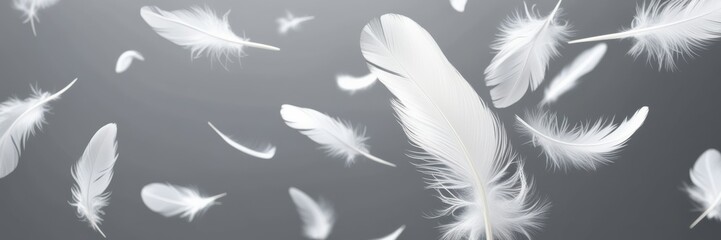 Obraz premium Ethereal white feathers floating, black and white contrast, dreamy atmosphere, soft focus, monochromatic, gentle movement, lightweight textures, abstract background, falling plumes, peaceful mood, min