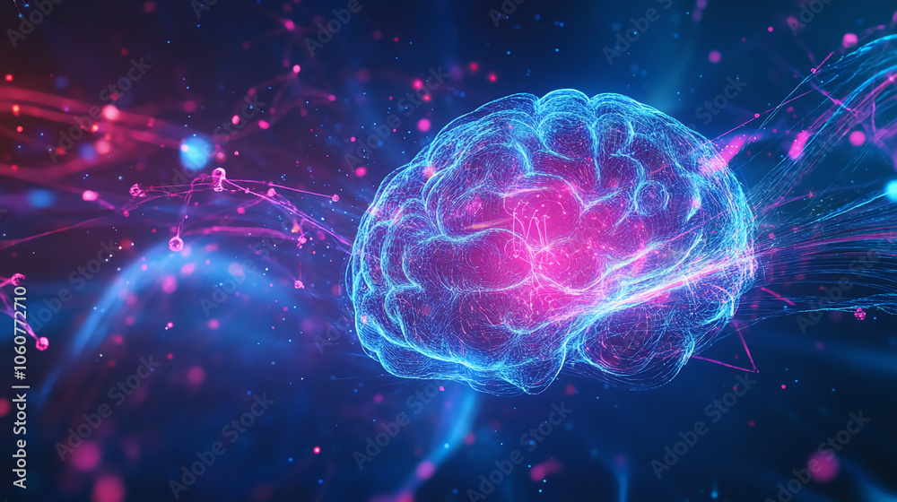 Poster a digital rendering of a human brain with glowing blue and pink lines