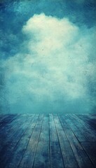 A weathered wood floor with a cloudy blue sky backdrop.
