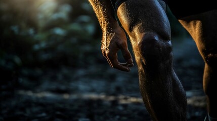 Close Up of Male Leg and Hand in Sunlit Forest