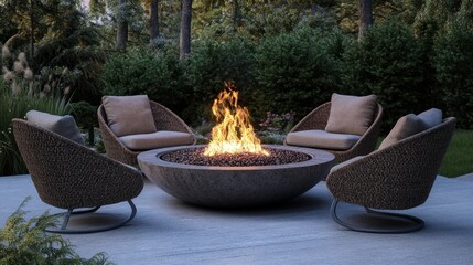 Elegant outdoor fire pit surrounded by four contemporary chairs, cozy evening light and gentle flame glow