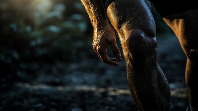 Close Up of Male Leg and Hand in Sunlit Forest