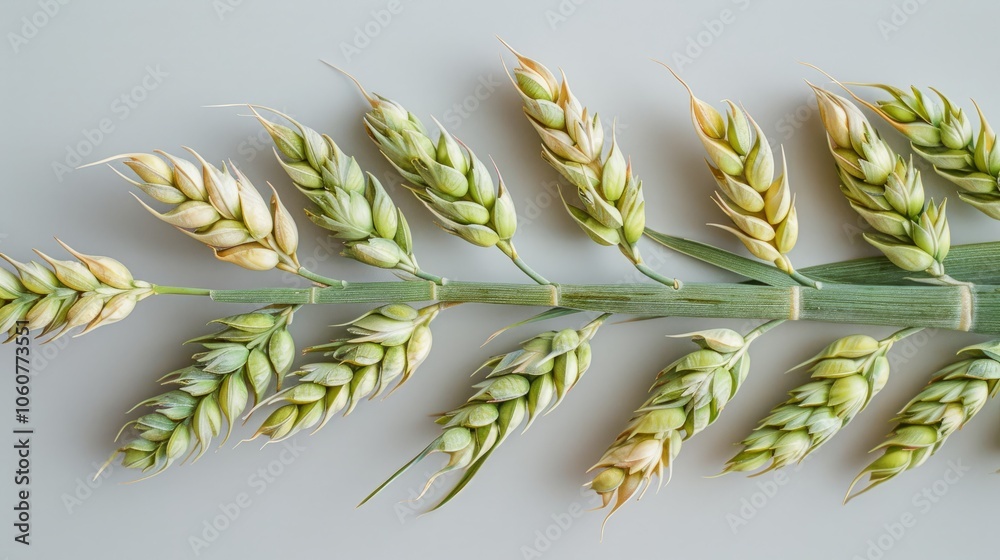 Wall mural A close-up of wheat stalks with the grain still in the husk. The green and yellow stalks are arranged on a light gray background.