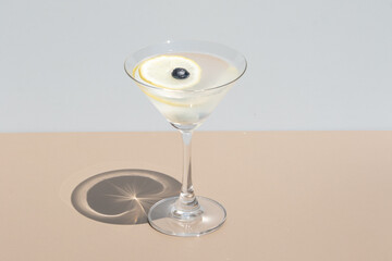 Cocktail garnished with berry and a slice of lemon