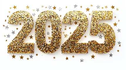 Glittering gold numbers 2025 with stars on a white isolated background, perfect for New Year celebrations.