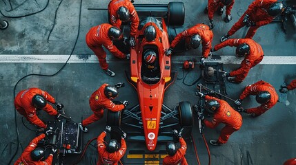 Naklejka premium Pit Crew Working on Red Race Car During a Pit Stop