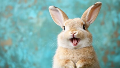 Fototapeta premium Joyful white bunny on a colorful background for Easter celebrations