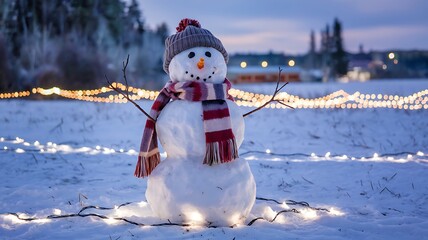 Obraz premium A snowman wearing a gray knitted hat and red and white striped scarf, standing in the snow with a string of lights around it.