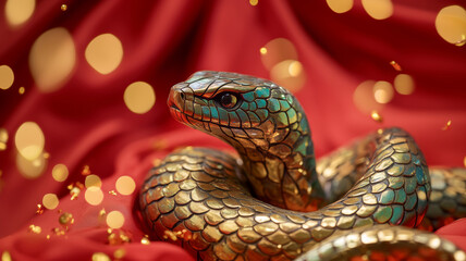 Obraz premium The coiled snake, painted in shades of green and gold, rests gracefully on rich red silk. Decorative gold elements enhance the festive and elegant atmosphere.