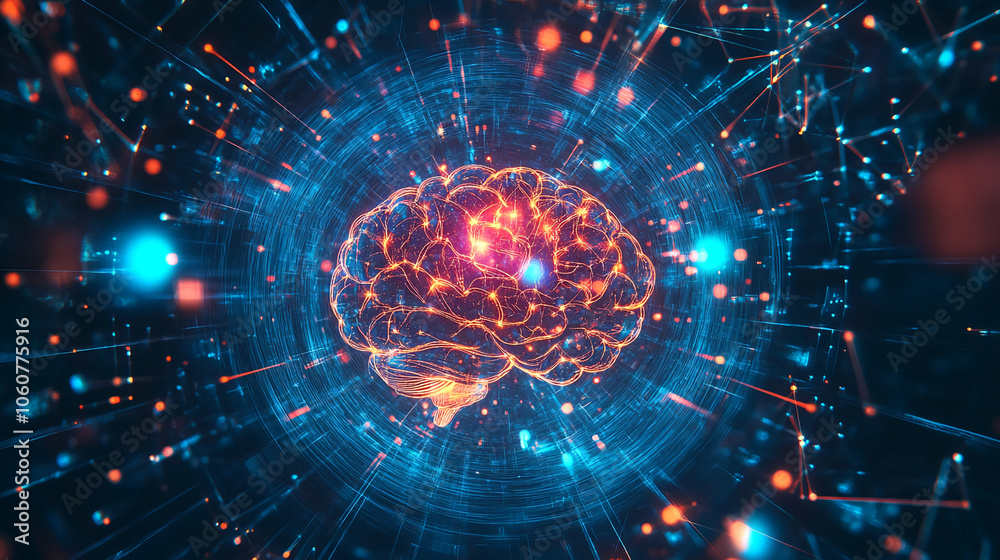 Aufkleber A glowing digital brain is surrounded by data streams, representing the power of artificial intelligence