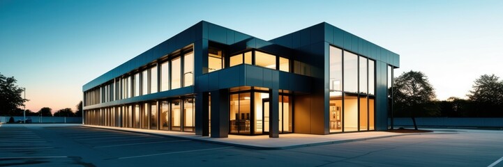 Modern industrial building, glass facade, illuminated interior, dusk lighting, blue sky, architectural photography, clean lines, minimalist design, commercial property, wide-angle shot, empty parking 