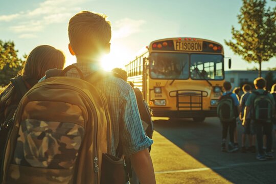 Children walking toward school buses at sunset during evening dismissal in a suburban neighborhood