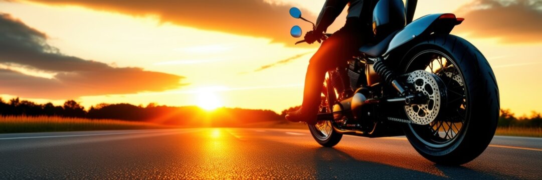 Motorcycle on road at sunset, dramatic sky, golden hour lighting, silhouette, powerful bike, freedom, adventure, panoramic view, empty highway, cinematic, high contrast, dynamic composition, lens flar
