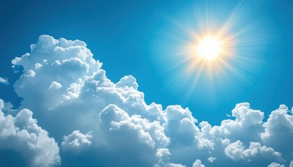 A bright sun shines over fluffy clouds in a clear blue sky during daytime