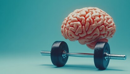 3D brain lifting a heavy dumbbell to symbolize mental strength and health training