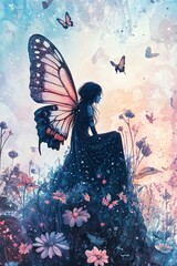 Fototapeta premium A serene fairy sits among colorful flowers enveloped by ethereal butterflies in a dreamy landscape of nature's beauty