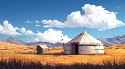 Yurt in the mongolian landscape. Mongolian Steppe Nomads. Illustration