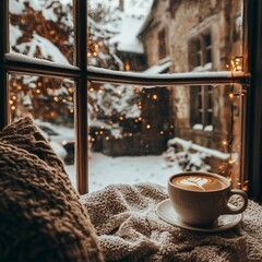 Winter season vibe cup of coffee on the window snowing cozy picture