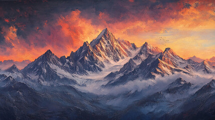 Obraz premium A majestic mountain range, snow-capped peaks, and a vibrant orange and pink sunset sky.
