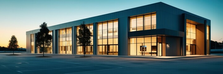 Obraz premium Modern industrial building, glass facade, illuminated interior, dusk lighting, blue sky, architectural photography, clean lines, minimalist design, commercial property, wide-angle shot, empty parking 