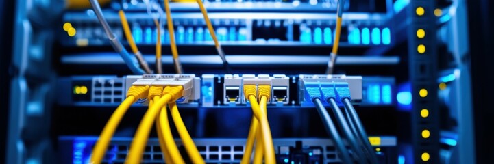 Network switch, fiber optic cables, blinking LED lights, data center equipment, close-up, vibrant colors, blue and yellow illumination, high-tech infrastructure, telecommunications, connectivity, band