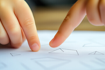A child’s finger tracing letters or shapes on paper
