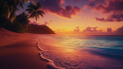 Obraz premium A beautiful beach at sunset. Golden sand, purple-pink clouds, and a calm ocean. Palm trees line the shore.