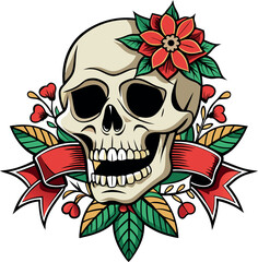 Vector illustration of a skull adorned with roses and a ribbon, designed for a Christmas t-shirt