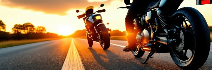 Motorcycle on road at sunset, dramatic sky, golden hour lighting, silhouette, powerful bike, freedom, adventure, panoramic view, empty highway, cinematic, high contrast, dynamic composition, lens flar