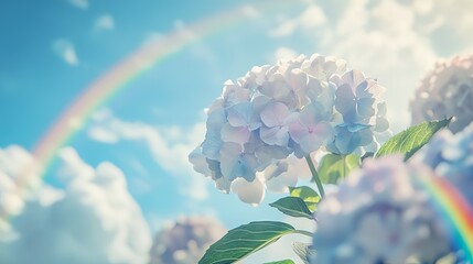 Hydrangea Flowers in the Sky with Rainbow. AI generated illustration.