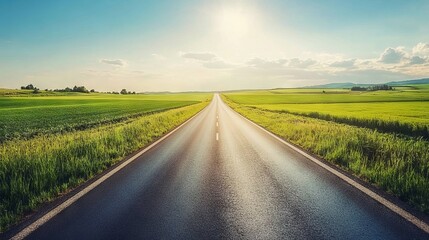 Fototapeta premium Scenic Summer Highway with Green Fields. AI generated illustration