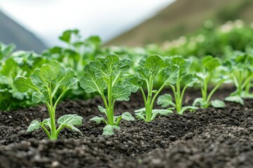 Obraz premium Close-up of young green leafy plants growing in soil