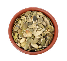 Peeled pumpkin seeds in bowl isolated on white, top view
