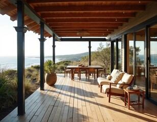 Beautiful outdoor patio with ocean view, wooden deck and modern furniture.