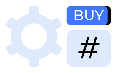 Obraz premium Gear, blue BUY button, and metadata tag symbol. Ideal for digital marketing, online shopping, website interface, social media, SEO, tech development, user interaction. Line metaphor