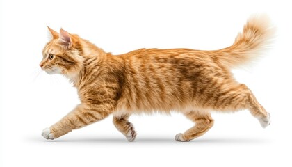 A lively orange cat running and walking from the side on an isolated background