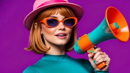 Modern Retro Woman with Colorful Megaphone