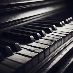 Vintage old piano keyboard closeup, antique musical instrument with aged wood texture, classical...