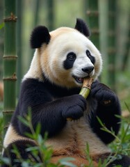 Obraz premium Panda bear eating bamboo in a lush green forest, showcasing wildlife.