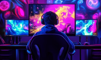Obraz premium Gamer in a dark room with colorful screens.