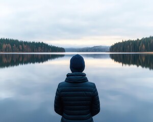 Obraz premium Tranquil lake with reflection of woman standing, symbolizing inner peace and acceptance in perimenopause