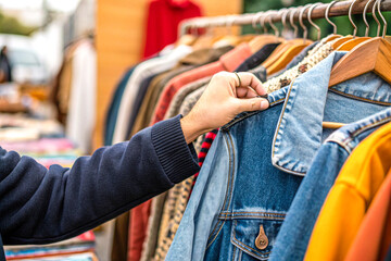 Obraz premium Close-Up of a Hand Browsing Vintage Clothing at a Flea Market, Exploring Textures and Colors of Secondhand Fashion
